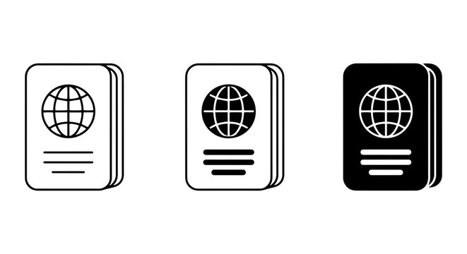Passport Icons, International Travel Document Symbols, Global Identity Book Graphics, Vector Set