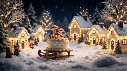 Fototapeta premium Decorative cake with mushroom toppers sits on wooden sled in snowy village. Small lit houses, tiny people create festive winter landscape. Warm lights glow under night sky in magical miniature