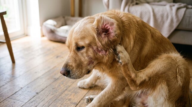 Golden Retriever scratching inflamed ear due to Malassezia yeast infection and skin allergy