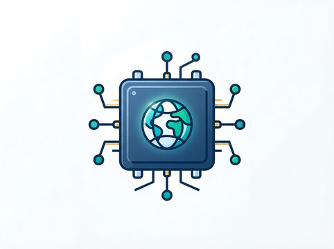 Global network technology microchip vector graphic, digital hardware processor motherboard circuit illustration.