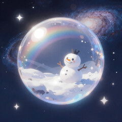 Fototapeta premium Whimsical digital illustration of a cute snowman resided in a snowy land inside a clear sphere in deep space surrounded by stars.