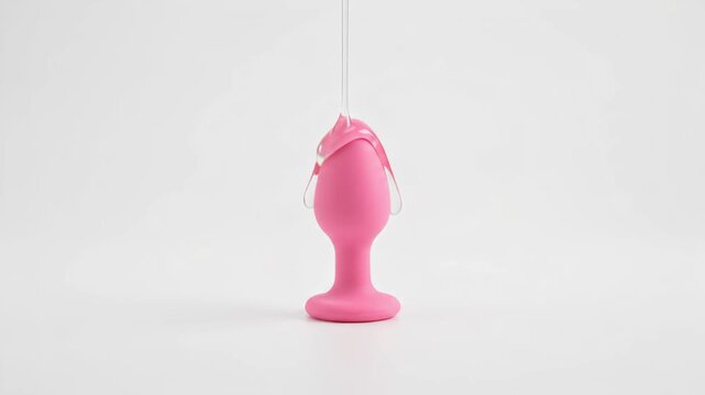 Transparent lubricant pouring on pink butt plug against white background