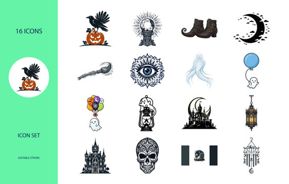 Halloween themed icons depict spooky elements in a flat vector style