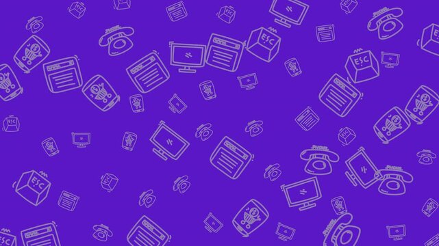 Purple digital pattern with tech icons like computer monitors, phones, floppy disks, and escape key symbols. Ideal for abstract tech designs.