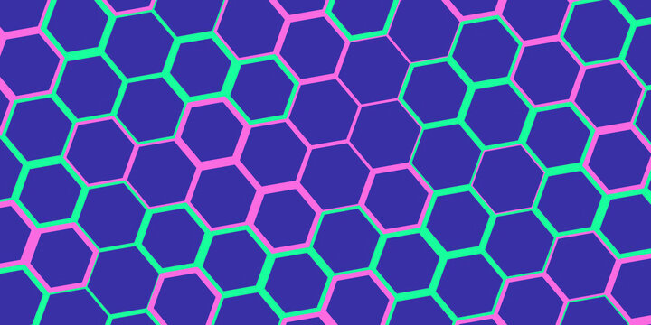 Geometric honeycomb pattern in vibrant neon green and pink on blue