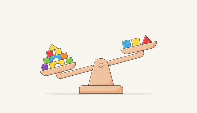 Wooden seesaw scale demonstrating a weight imbalance with a large stack of colorful toy blocks outweighing a few scattered pieces.