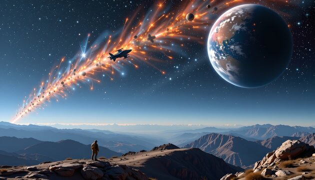 An epic spacescape featuring an astronaut floating in the vastness of space. They are gazing out at a majestic view of Earth beneath them