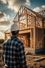 Fototapeta premium Rear view of male engineer wearing white hard hat looks at wooden house frame under construction. Pro contractor architect inspects residential building project site. New home development structure