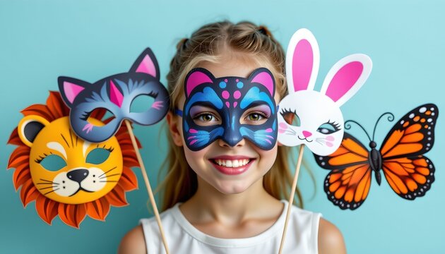 A young girl is standing in front of a wall, holding masks shaped like cats, bunnies, and lions over her face.