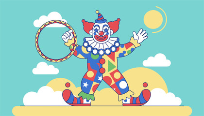Fototapeta premium Happy circus clown wearing a colorful patterned suit holds a large hula hoop under a bright sun and clouds.