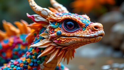 Obraz premium A fantastical dragon like figure with a vibrant appearance, crafted from colorful beads and featuring intricate scales and designs, giving it an eye catching, multicolored look