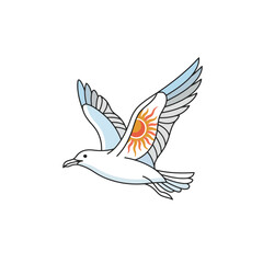 Obraz premium White Bird Flying With Radiant Sunburst Feather Design.