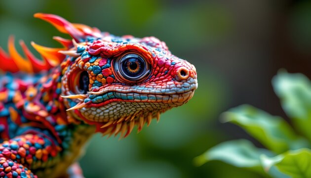 A vibrant, reptilian creature with a unique blend of colors, including orange, red, black, and green. Its scales appear to be textured, possibly mimicking the scales of certain lizards or geckos