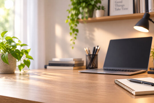 Modern home office workspace background with laptop computer, houseplants, and warm sunlight