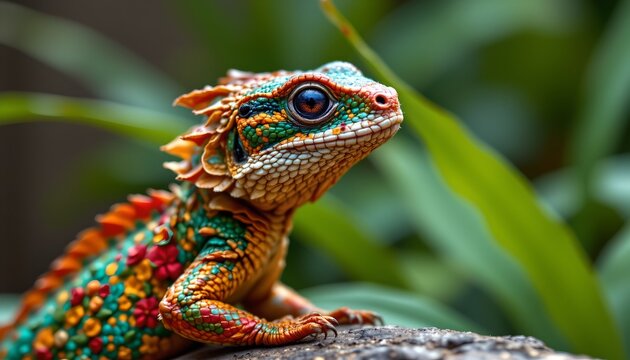 A vividly colored lizard with an intricate pattern is perched on a rock, surrounded by greenery.