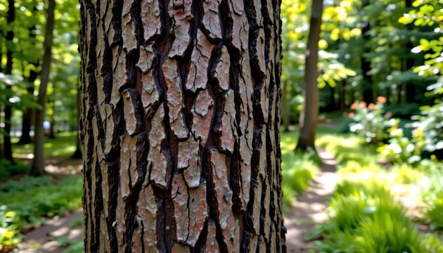 A close up view of a tree with peeling bark in various shades of brown. The texture of the bark is rough and shows multiple layers that have shed over time, revealing the smoother wood underneath