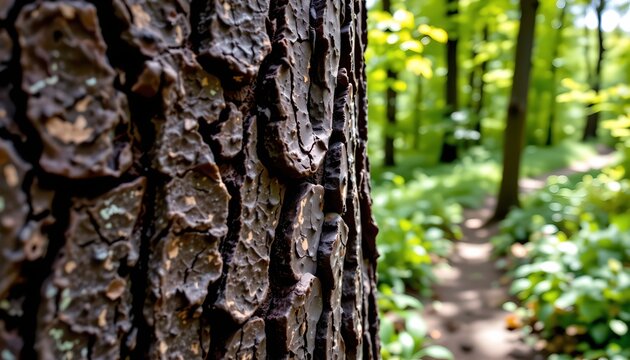 A close up view of a tree with bark that has been etched into patterns. The bark has holes and indentations across its surface, giving it a unique textured appearance