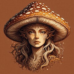 Fototapeta premium Fantasy mushroom woman portrait. Creature has mushroom cap head, elf ears, ornate face patterns, long wavy hair. Mystical forest being illustration.
