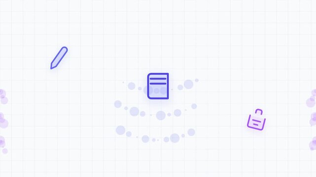 Document icon and office stationery line art symbols are arranged on a white grid paper background.