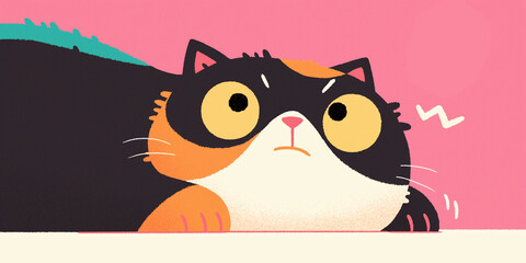 Cute Black and Orange Cat with Big Eyes – Playful Colorful Illustration