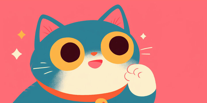 Cute Blue Cat Waving Paw &ndash; Playful Colorful Illustration