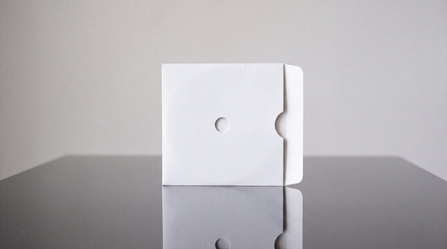 A blank CD sleeve standing upright on a reflective surface, showcasing simplicity and minimalism