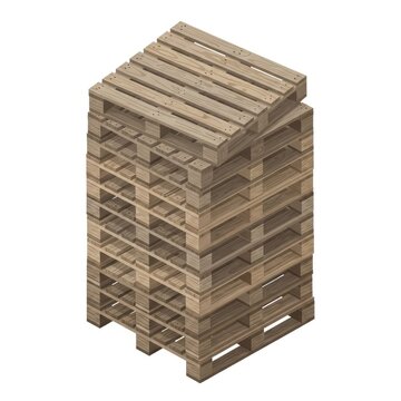 Isometric stack of wooden pallets for warehouse storage and global shipping on white background