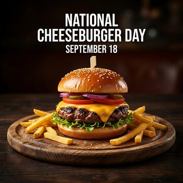 National cheeseburger day september 18 promotional poster featuring a delicious gourmet cheeseburger with fries on a rustic wooden board
