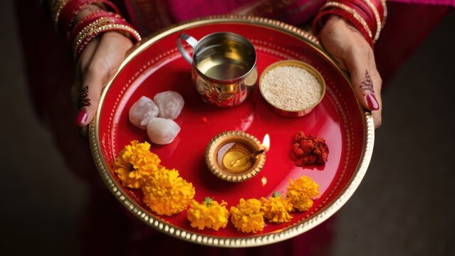 Karwa chauth puja thali with diya, karwa pot, rice, sweets, vermilion plus marigold flowers, karwa chauth festival, moon viewing ceremony, married women prayer tradition, cultural heritage