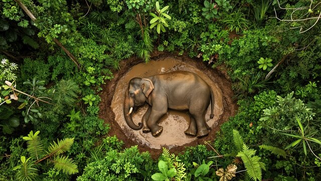 Elephant in Jungle Oasis Surrounded by Lush Greenery and Plants
