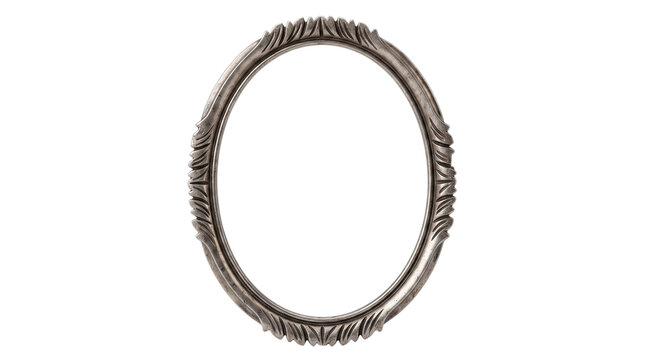 Oval silver carved metallic picture frame on a transparent background