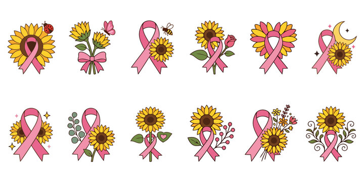 Breast Cancer Awareness Sunflower Pink Ribbon Bundle Floral T Shirt Sublimation Vector Clipart