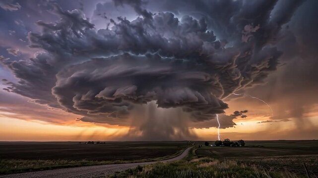 Massive Supercell Storm with Frequent Lightning Strikes over Rural Farmland at Sunset, Powerful Weather Phenomenon for Climate Content