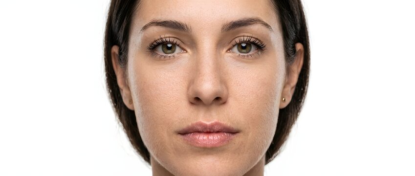 Close up facial portrait of a woman with natural expression and clear skin