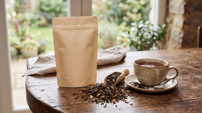 A simple yet elegant setup featuring an empty tea package next to a freshly brewed cup of tea, with loose tea scattered around, set in a cozy kitchen