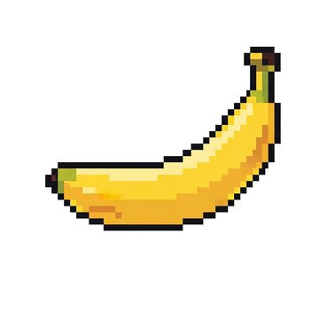 Single ripe banana in retro pixel art style isolated on white background.