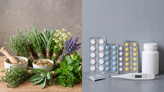Fresh herbs arranged beside various medicine packaging and a thermometer on a wooden surface