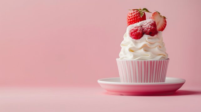 Creamy dessert topped with fresh strawberries and raspberries in a striped cup on a pink background with large copy space