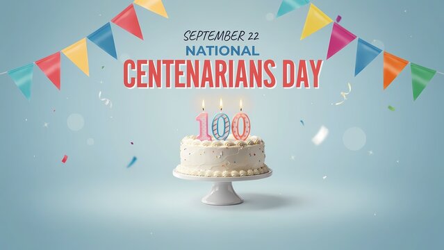 Birthday cake with 100 candle for national centenarians day celebration with colorful party bunting