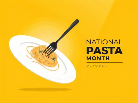 National pasta month illustration with a plate of spaghetti and a fork on a yellow background