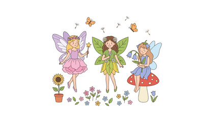 Naklejka premium Cute Magical Garden Fairy Vector Set with Whimsical Characters Mushroom and Floral Elements for Children Book and Birthday Invitation Designs.