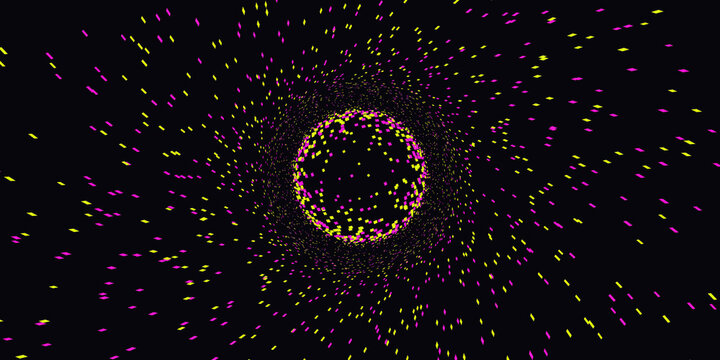 Abstract digital vortex with glowing yellow and magenta particle clusters