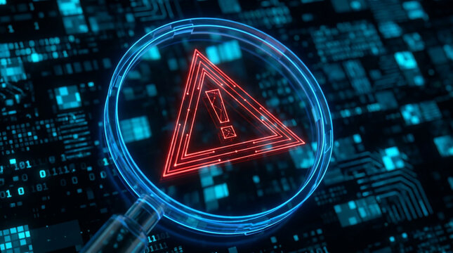 Digital warning sign with exclamation mark magnified by a blue neon magnifying glass on a dark circuit board background, perfect for cybersecurity, data analysis and technology concepts