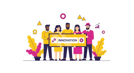 Fototapeta premium Diverse business team holding innovation banner. Flat vector illustration of multicultural colleagues collaborating on creative corporate strategy.