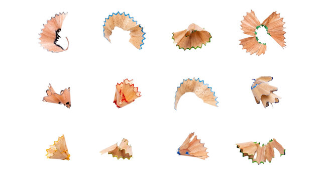 Grid collection of wooden pencil shavings with colorful edges on a transparent background