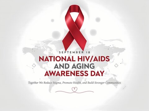 Red ribbon symbol for national hiv aids and aging awareness day with world map design