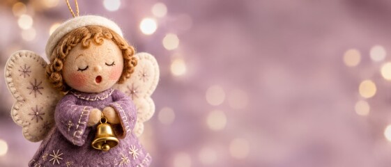 Naklejka premium A charming felt angel doll glowing against a bokeh background; perfect for a Christmas or winter holiday banner. Copy space
