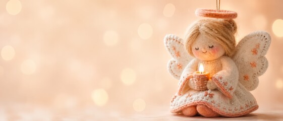 Naklejka premium A charming felt angel doll glowing against a bokeh background; perfect for a Christmas or winter holiday banner. Copy space