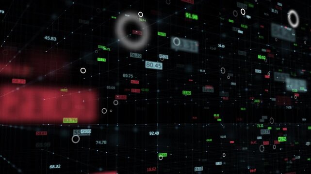 Abstract 3D digital stock market data grid with floating green and red index numbers.