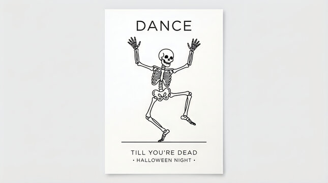 Happy dancing skeleton character with text for a fun halloween night party poster design featuring a cool black and white line art illustration